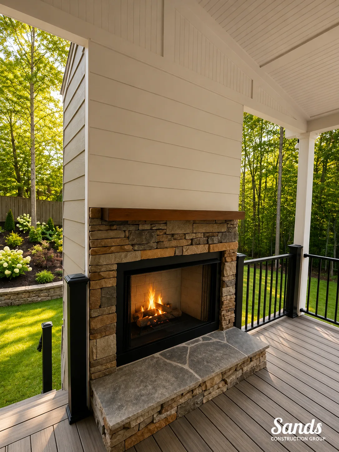 Outdoor fireplace built by Sands Construction Group