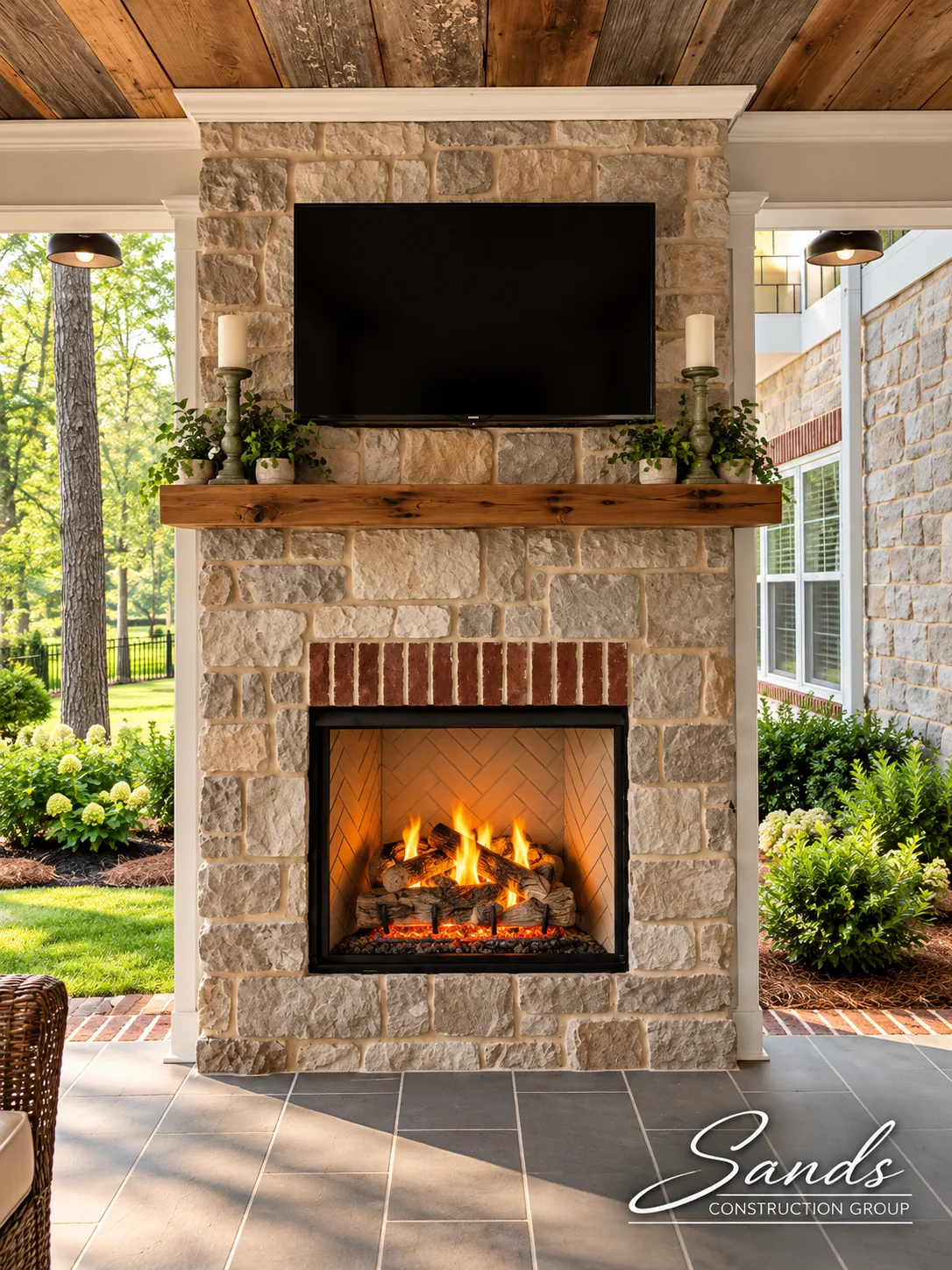 Outdoor fireplace built by Sands Construction Group