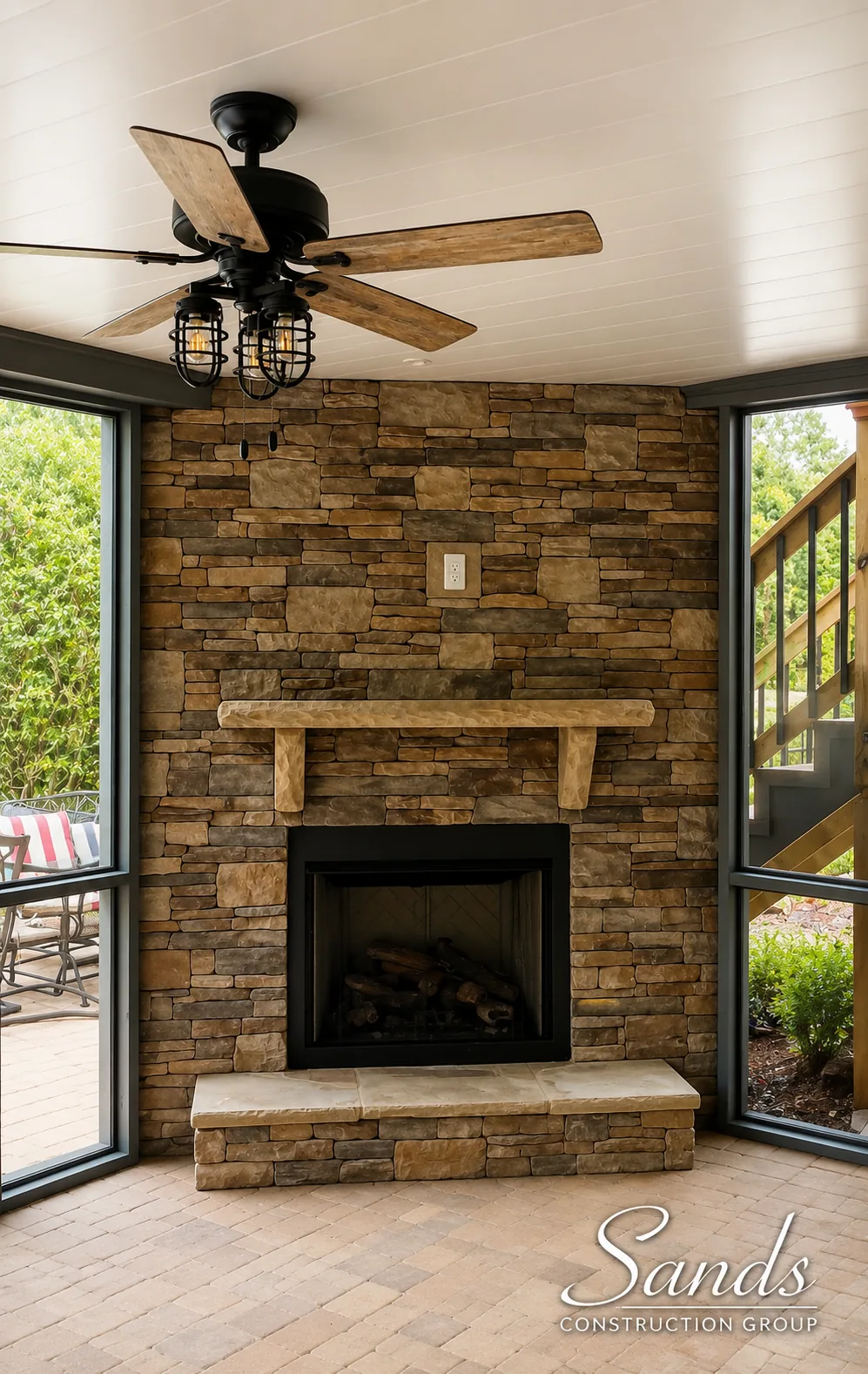 Outdoor fireplace built by Sands Construction Group
