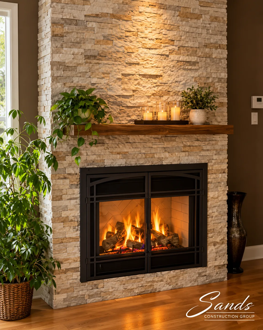 Outdoor fireplace built by Sands Construction Group