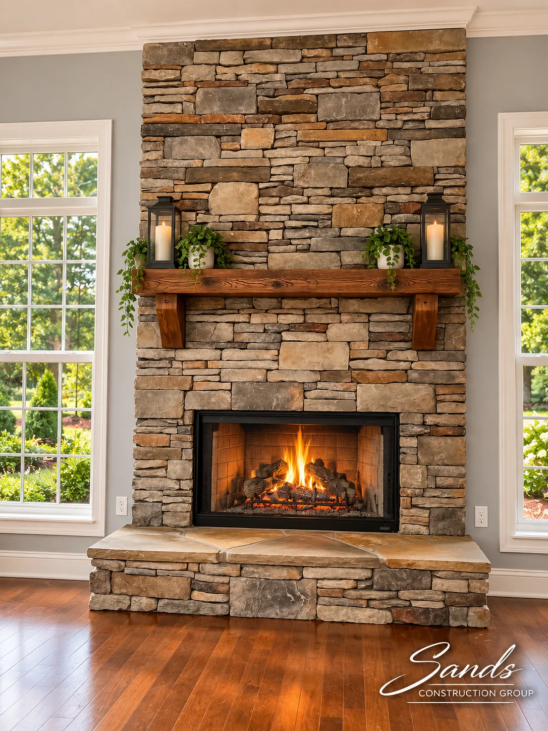 Outdoor fireplace built by Sands Construction Group