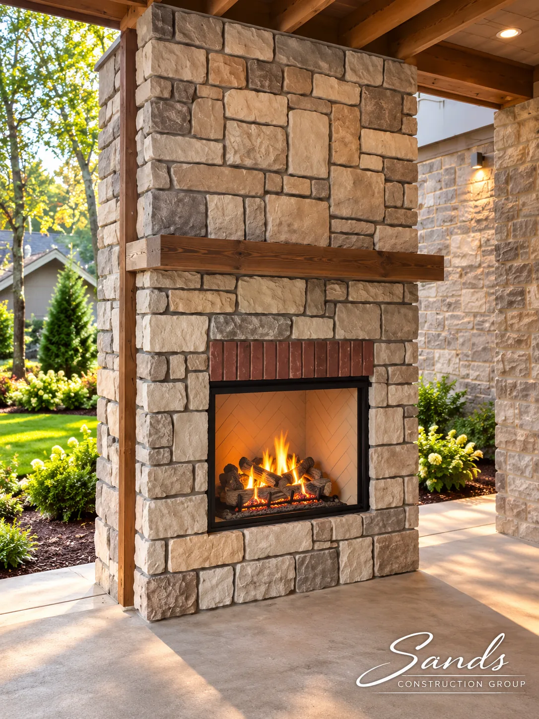 Outdoor fireplace built by Sands Construction Group