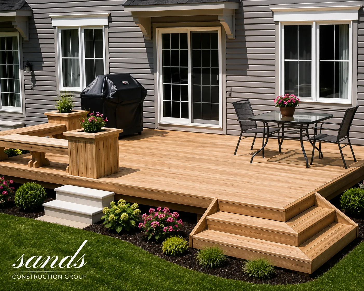 Custom wood deck and steps by Sands Construction Group