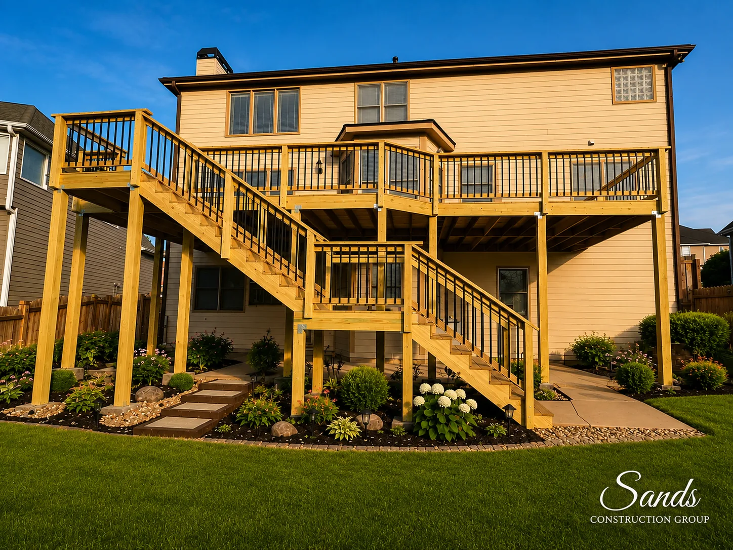 Custom wood deck and steps by Sands Construction Group