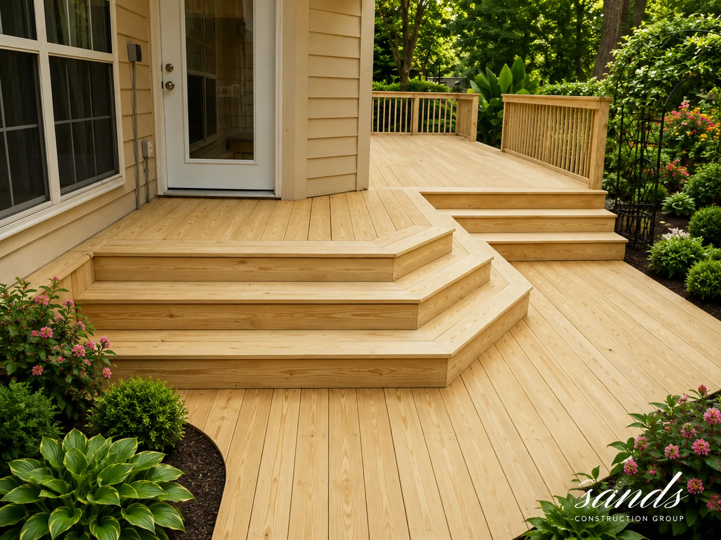 Custom wood deck and steps by Sands Construction Group
