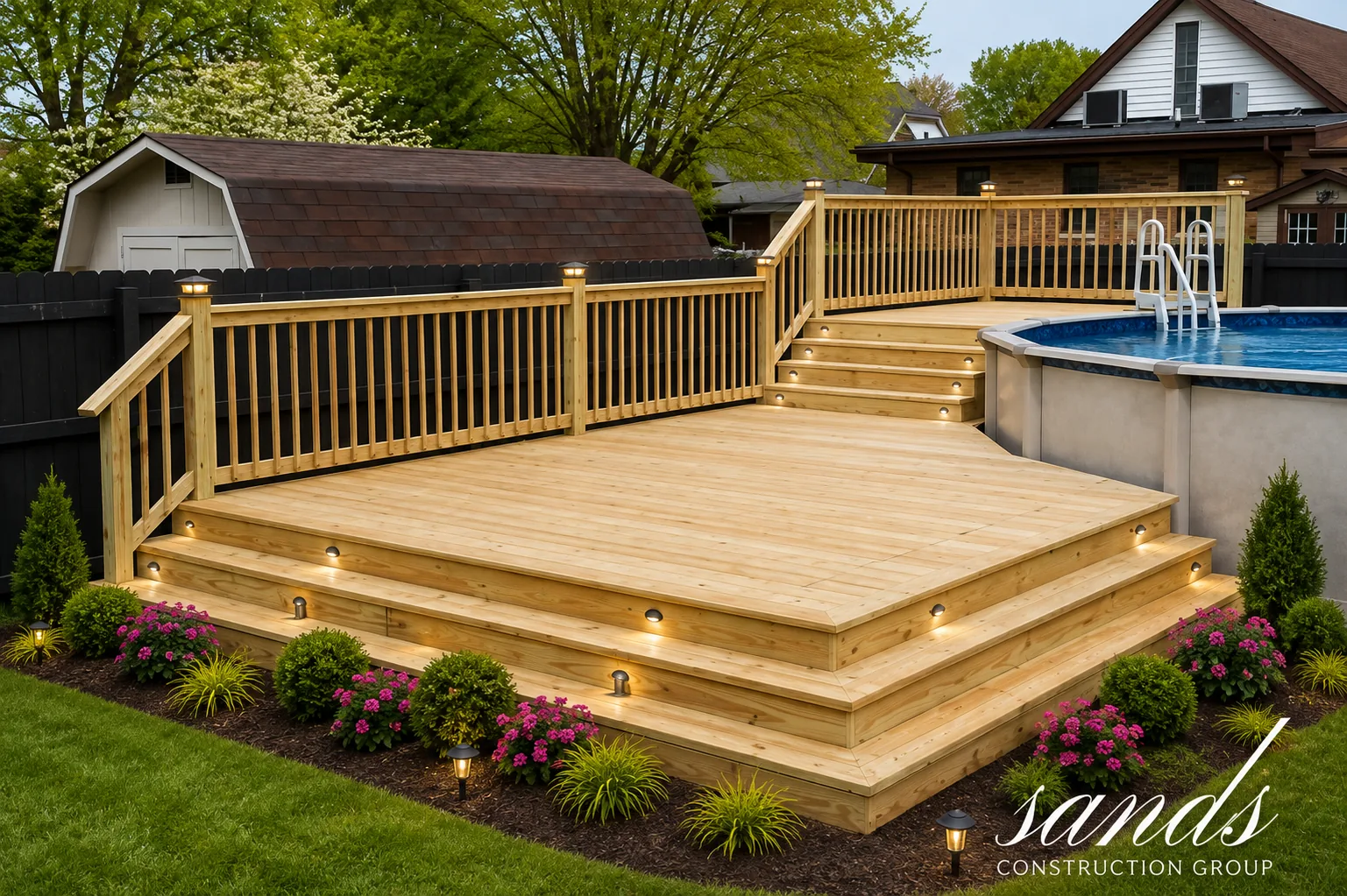 Custom wood deck and steps by Sands Construction Group